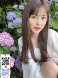 制服風の白ワンピに紫陽花の背景